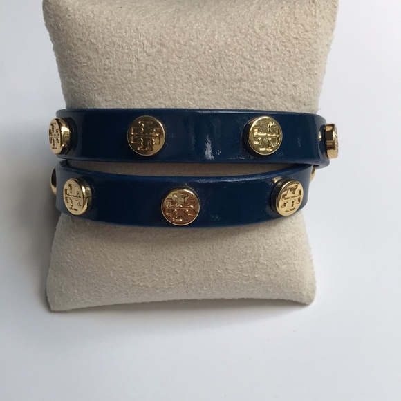 Tory Burch Jewelry - Tory Burch Logo Stud Patent Navy Leather Double Wrap Bracelet